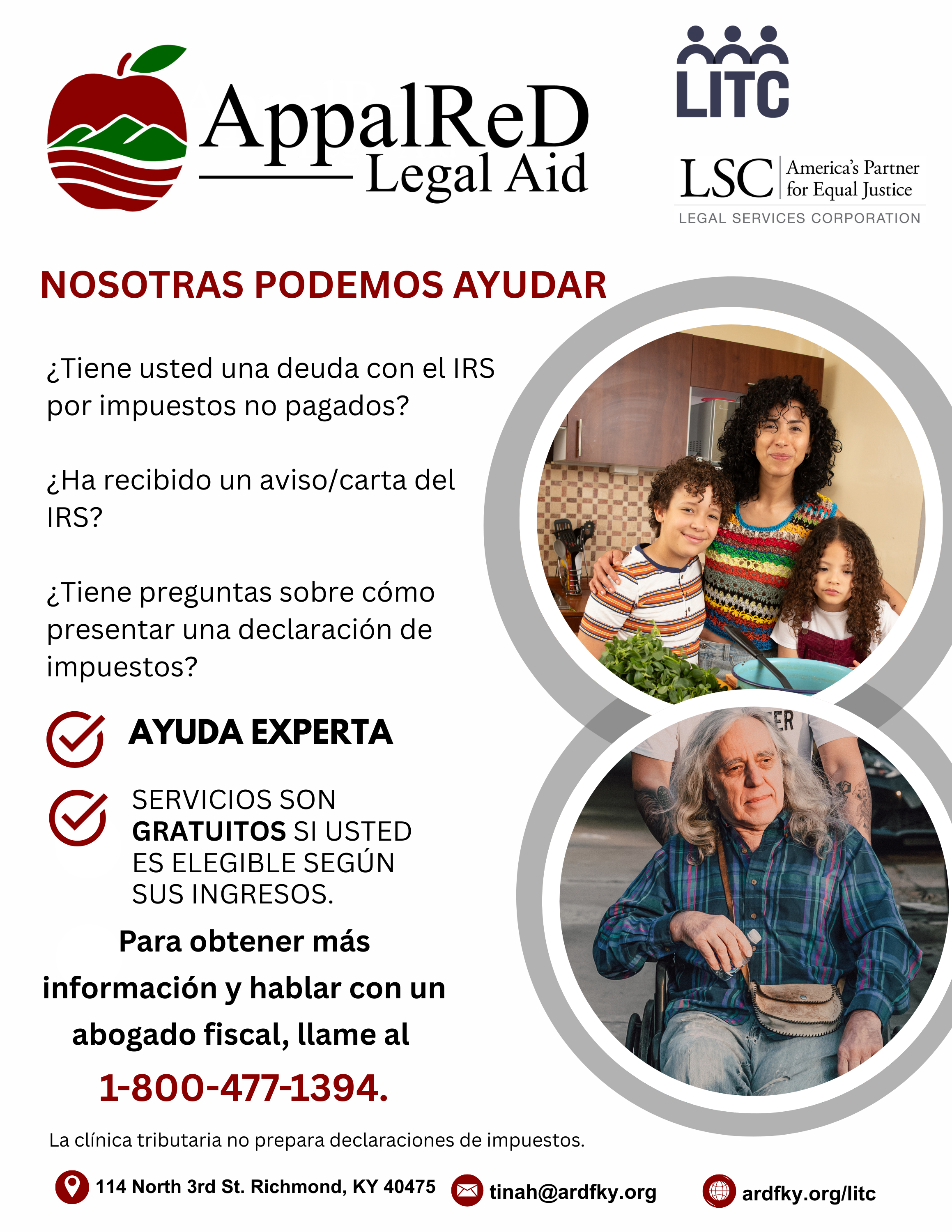 Flyer in Spanish with photo of mom with two kids and elderly man