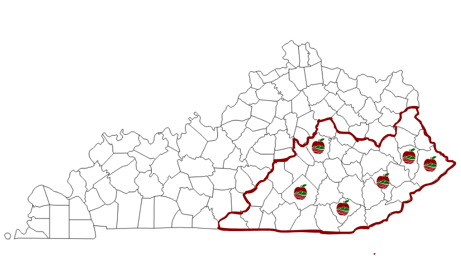County map of Kentucky with service area outlined in red