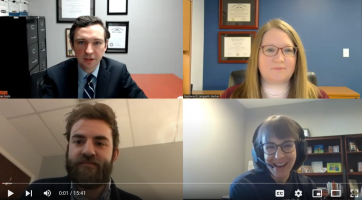 Four legal aid attorneys hold a video call.